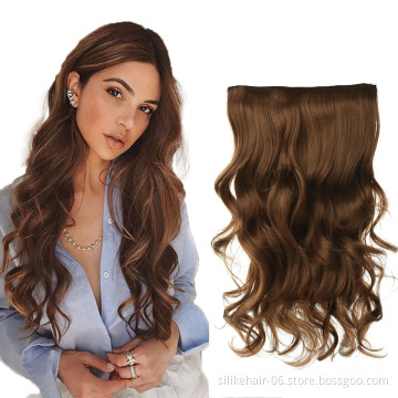 High Quality Wholesale Soft Long 24 inch Heat Resistant Fiber Wavy Clip in Hair Extension One Piece Synthetic Hair Extensions